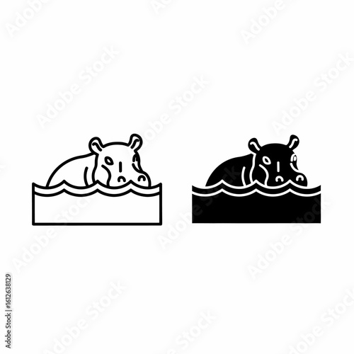 Two hippopotamus icons, one outlined and one solid black, both depicted partially submerged in water.