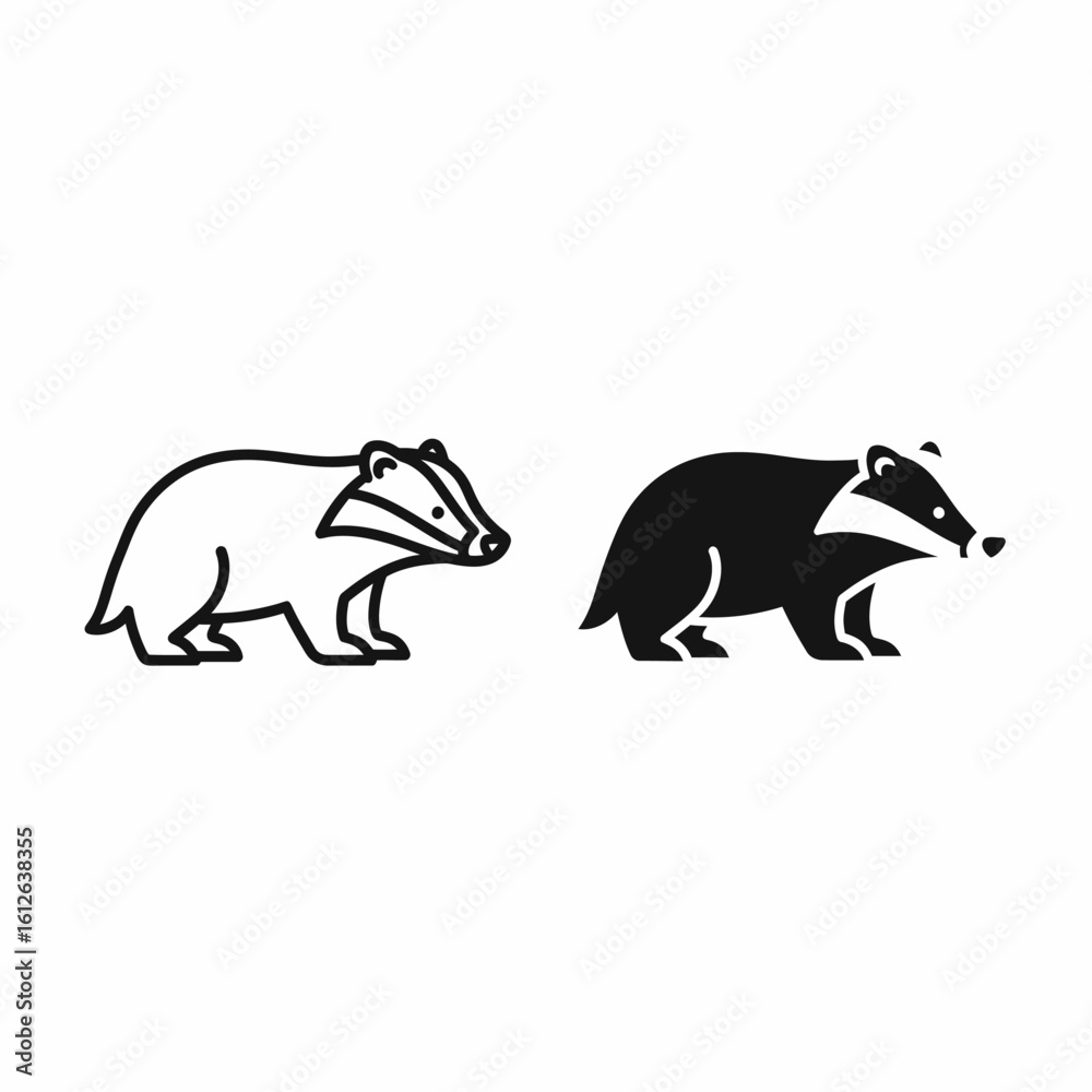 Obraz premium Two stylized illustrations of a badger, one outlined, the other filled in black.