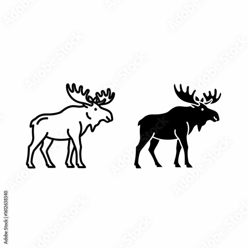 Two stylized moose illustrations; one outlined, one solid black.