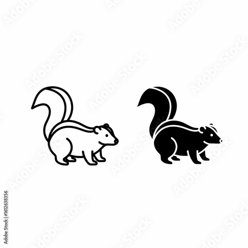 Two stylized illustrations of a skunk, one outlined and one filled, facing right.