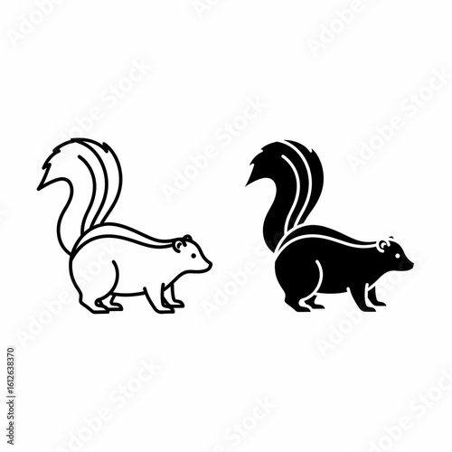 Two stylized skunk illustrations, one outlined, the other filled, showcasing the animal's form.