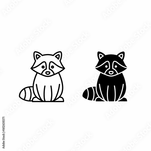 Two raccoon icons, one in outline and one filled in solid black, sitting upright.