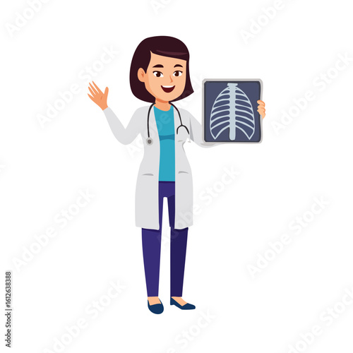 Cartoon Female Doctor Holding Chest Xray Image.