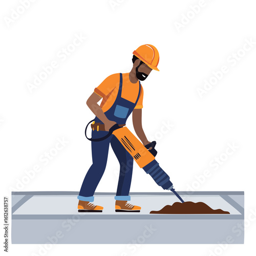 Construction worker operating a jackhammer on a paved surface.