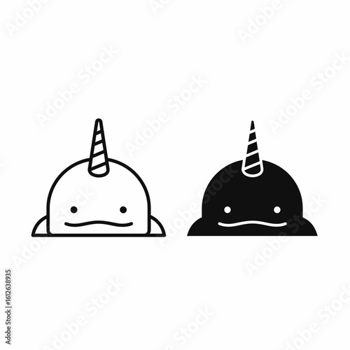 Two stylized narwhal illustrations, one in black and white, the other in black outline, showcasing a simple, cartoonish design.