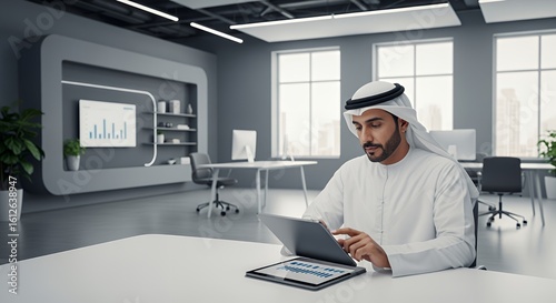 A businessman in traditional Middle Eastern attire works on a tablet computer in a modern, minimalist .