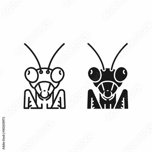 Two stylized black and white illustrations of a praying mantis insect facing forward, side by side.