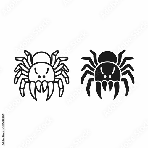 Two spider icons, one outlined and one solid black, facing forward with visible fangs.
