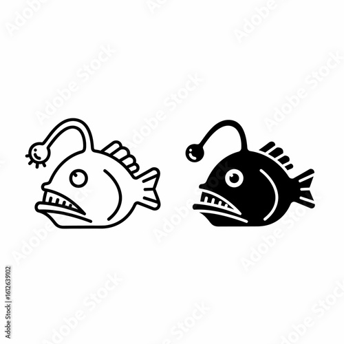 Two anglerfish icons, one black and one white, with glowing lure and sharp teeth, facing left.