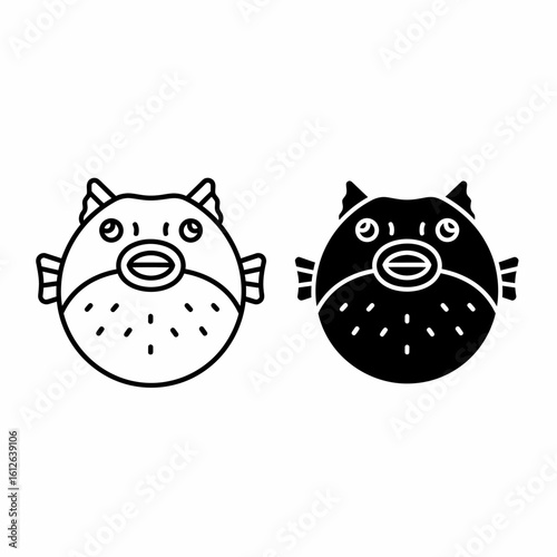 Two pufferfish icons, one outlined and one solid black, facing forward with fins and spotted bodies.