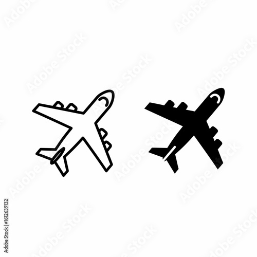 Two airplane icons, one outlined and one filled in, side-by-side on a white background.