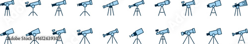 Set of Filled Color Icons of Blue Telescope. Minimalistic Linear Pictogram for Web and Graphic Design, Apps, Banners, Social Network and Cards