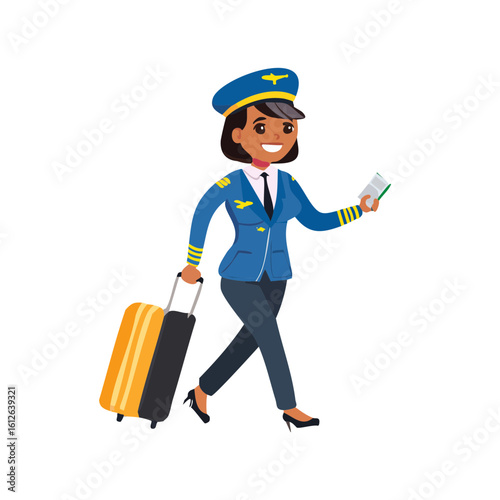 Female pilot in uniform walking with luggage and passport.