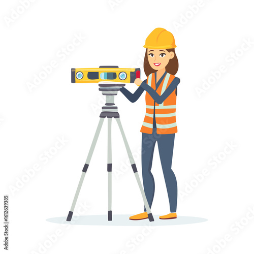 Female surveyor in hard hat and vest using a level on a tripod.