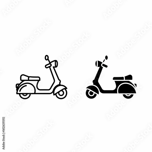 Two simple scooter illustrations; one outline, one solid black.