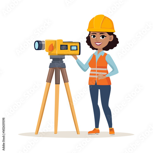 Female surveyor in hard hat and vest using a theodolite on a tripod.