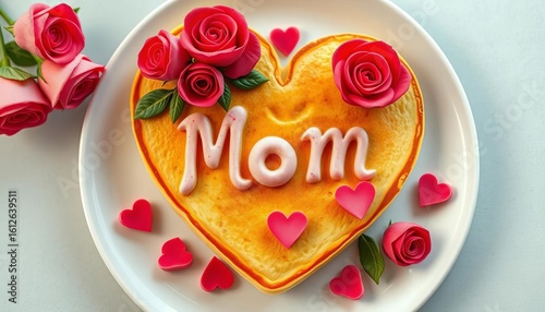 Heart-shaped pancakes decorated with edible roses and 