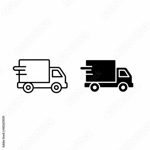 Two simple black and white delivery truck icons, one outlined and one filled, conveying fast delivery.
