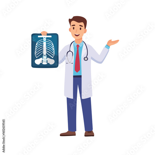 Friendly Doctor Holding XRay of Human Skeleton.