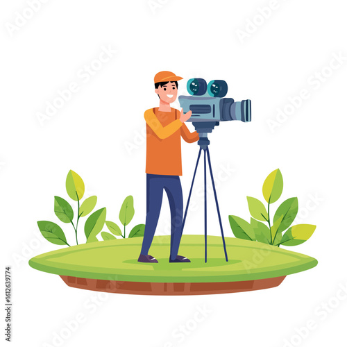 Man filming with vintage camera on tripod in grassy outdoor setting.