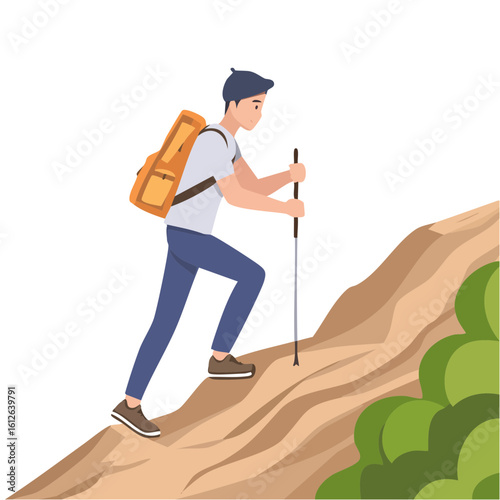 Man hiking uphill with backpack and trekking pole 1.