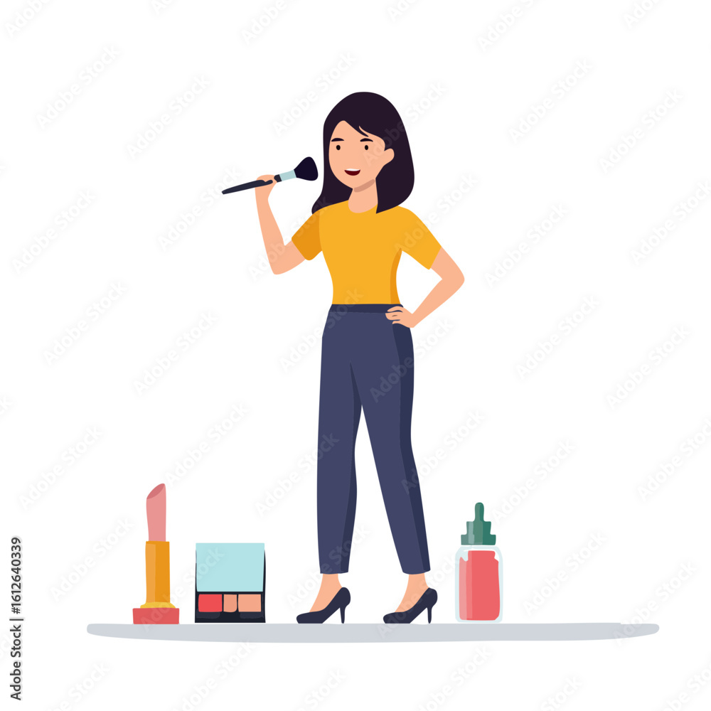 Woman applying makeup with brush and cosmetic products. Woman applying makeup with brush and cosmetic products.