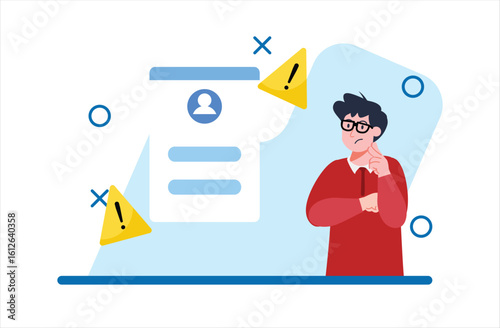 Man Thinking Near Blue Document with Alert Signs in Flat Illustration
