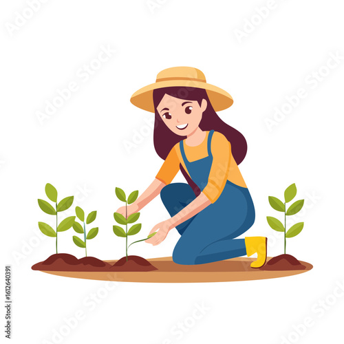 Woman farmer planting seedlings in fertile soil wearing overalls and hat.