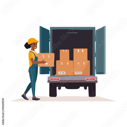 Woman in overalls loading boxes into a delivery truck.