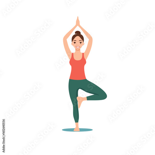 Woman in Yoga Tree Pose with Hands Raised Above Head.