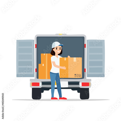 Woman loading boxes into a delivery truck.