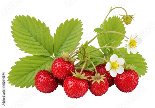 Cluster of ripe wild strawberries with green leaves and white flowers strawberry fruit