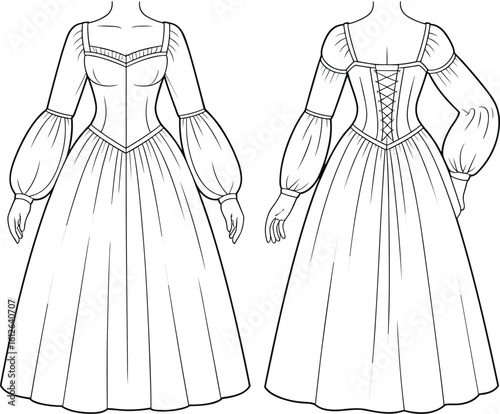 CAD drawing flat vector illustration of historical renaissance gown with puff sleeves, corset back, elegant fashion costume front and back view