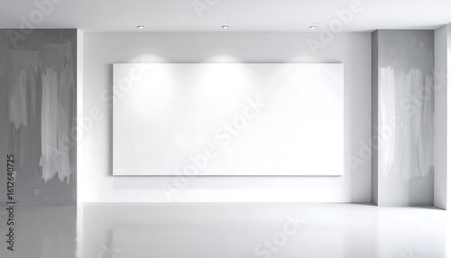 A blank canvas hangs on a white wall in a minimalist room with grey accents