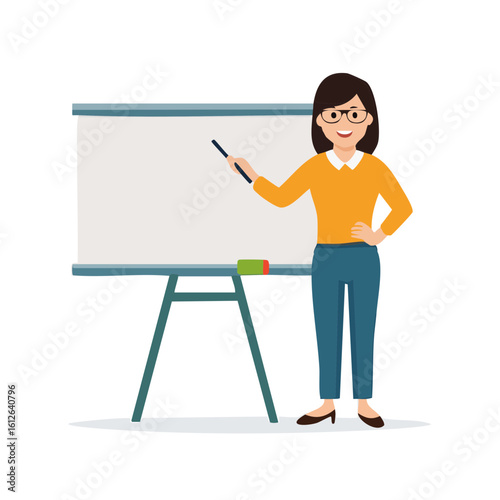Woman teacher with pointer and whiteboard presenting lesson.
