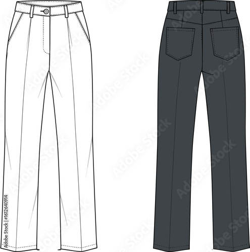 Classic women's straight-leg pants flat sketch, front and back technical drawing, trouser design with pockets, waistband, button, vector fashion illustration