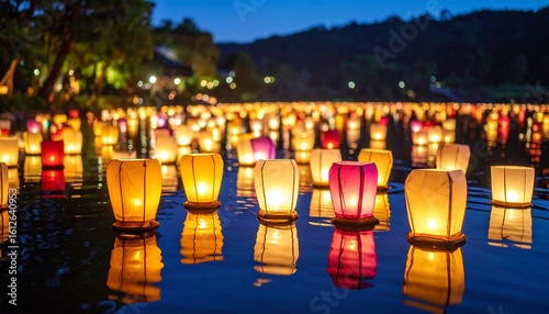 Fototapeta Naklejka Na Ścianę i Meble -  Illuminated floating lanterns at dusk on a lake with peaceful night scene.