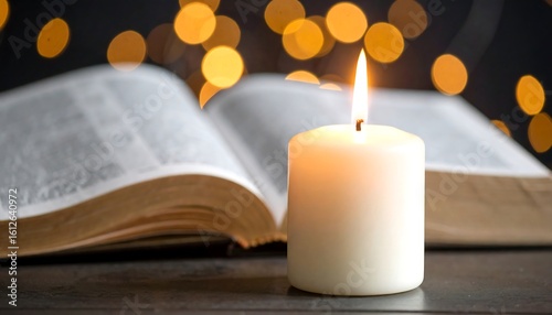 Wallpaper Mural Lit Candle with Open Book and Bokeh Lights Faith with Religion, and and Peace. Torontodigital.ca