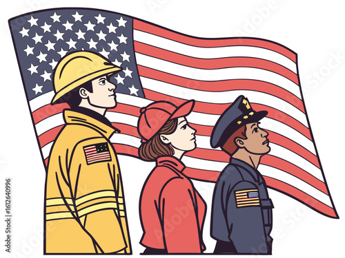 American Heroes Firefighter Paramedic and Police Officer Standing Proudly Before the United States Flag