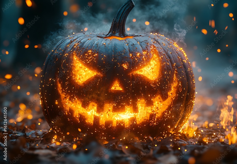 Fototapeta premium Glowing Jack O Lantern with sparks and smoke on forest floor halloween pumpkin