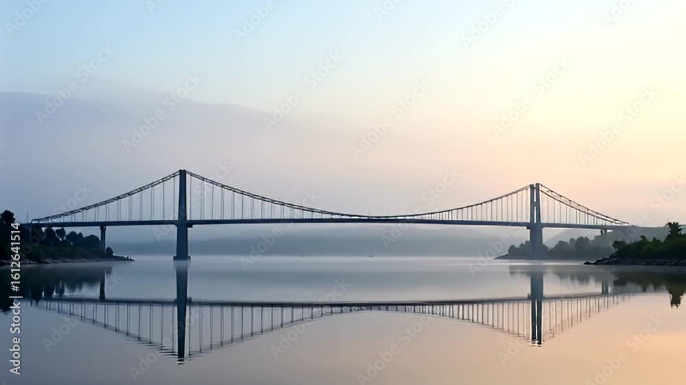 Tranquil morning scenery of a bridge over water reflecting in the calm surface Tranquil morning scenery of a bridge over water reflecting in the calm surface