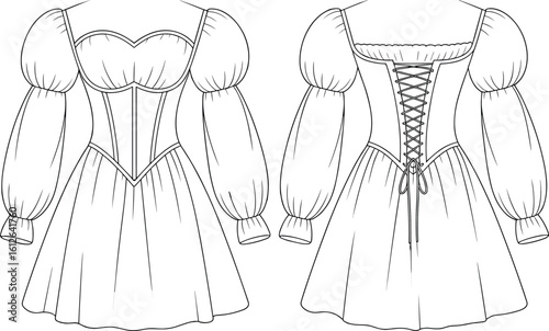 CAD drawing flat vector illustration of puff sleeve corset mini dress with front and back view, lace-up detail, fashion sketch