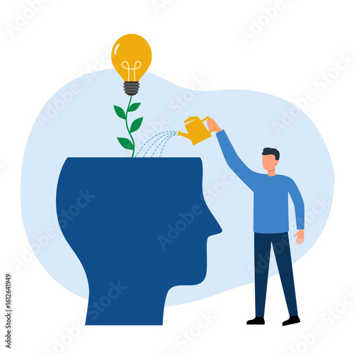 Self development, Increasing skills, Knowledge and abilities for oneself, Personal growth in the organization, Professional learning, Man is watering the plants that grow from himself.