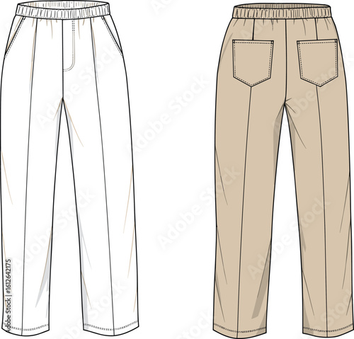Elastic waist pants flat sketch, front and back view, relaxed fit design, casual style, technical fashion drawing, vector clothing template