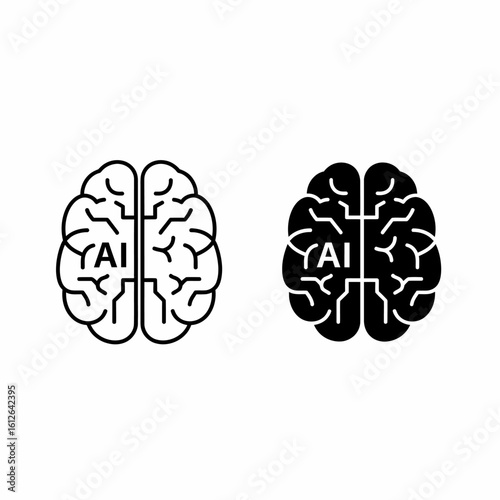 Two brain icons, one outlined and one solid, both featuring the letters "AI" in the center, representing artificial intelligence.