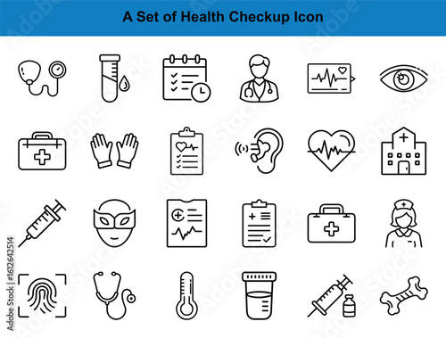 Outlined medical healthcare icons depict health checkup, laboratory, and hospital equipment, transparent background