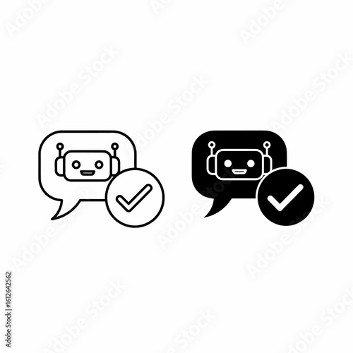Two variations of a chatbot icon with a checkmark, one outlined and one filled.