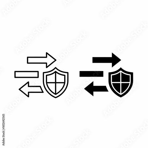 Two shields are depicted with arrows pointing towards and away from them, one in outline and the other filled.