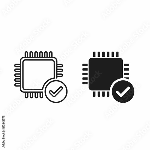 Two simple black and white graphic representations of a computer chip with a check mark, signifying approval or verification.