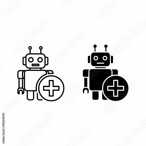 Two black and white robot icons, each holding a plus sign, representing robotic assistance or medical technology.